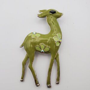 Vintage Large Olive Green Enamel Fawn Pin Brooch | Faceted Stones Floral Accents